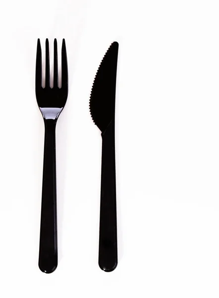 Tenedor Cuchillo Plástico Negro Aislado Sobre Fondo Blanco Imagen De Stock