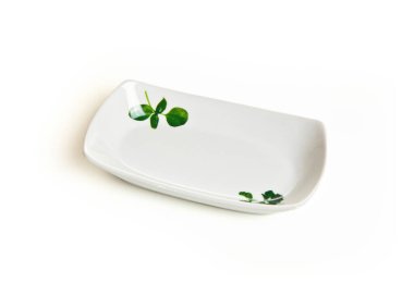 Beyaz zemin üzerinde yeşil iz olan seramik plaka.