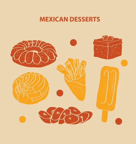 Illustrations Colorées Desserts Mexicains Traditionnels Autres Plats Sucrés Churro Roi Illustration De Stock