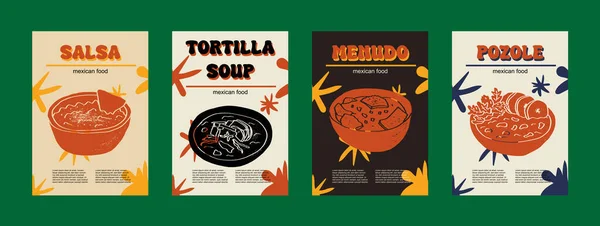 Ensemble Nourriture Mexicaine Illustration Vectorielle Salsa Gravée Soupe Aux Tortillas Graphismes Vectoriels