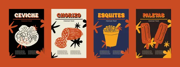 Ensemble Nourriture Mexicaine Illustration Vectorielle Ceviche Gravé Chorizo Esquites Palettes Vecteurs De Stock Libres De Droits