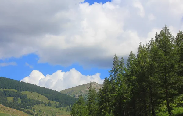 Een Landschap Met Bergen Wolken Bomen Zomer — Stockfoto