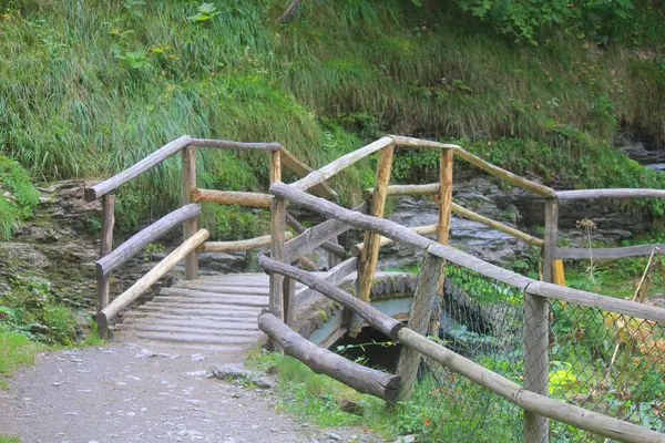 Eine Brücke Über Den Fluss Aus Holzstämmen — Stockfoto