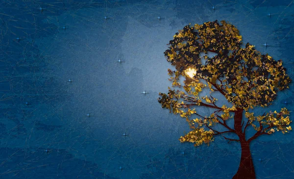 Sonbahar ağaç çizimi üzerinde arka plan metni mermer kağıt efekti ve uzay yıldızlı gece. — Stok fotoğraf
