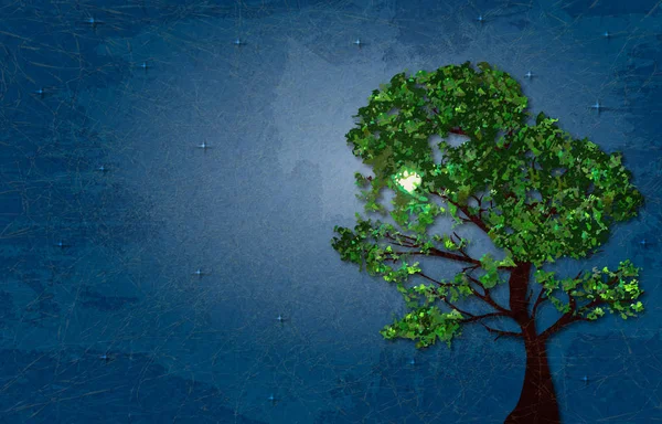 Yaz yeşil ağaç çizimi üzerinde arka plan metni mermer kağıt efekti ve uzay yıldızlı gece. — Stok fotoğraf