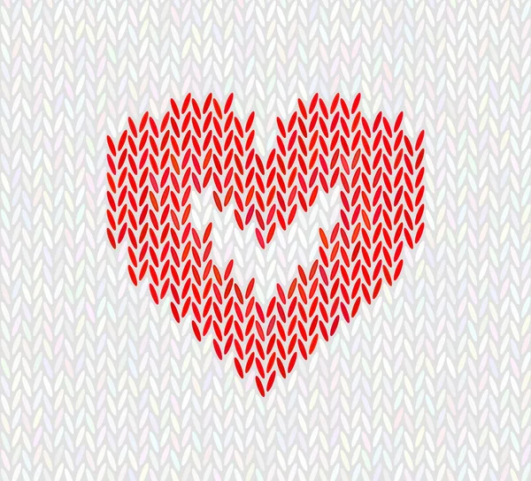 Vlněný pletený vzor s červeným srdcem na bílém pozadí. — Stockový vektor