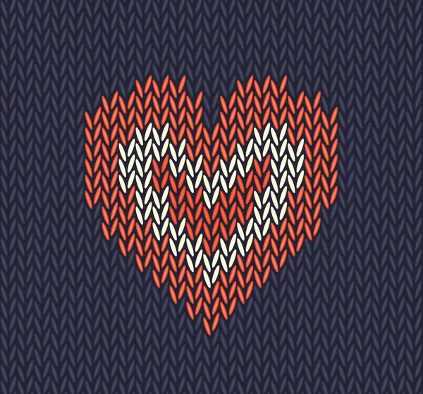 Шерстяной вязаный узор с красным сердцем на синем фоне . — стоковый вектор