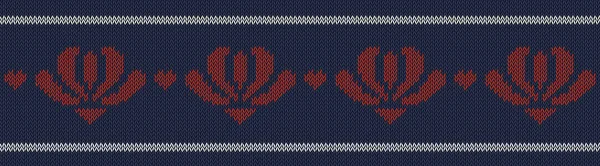 Jacquard lã padrão de malha com flores vermelhas no fundo azul . — Vetor de Stock