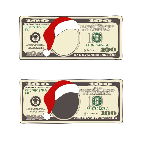 Ensemble de facture de Noël cent dollars avec chapeau de Père Noël . — Image vectorielle