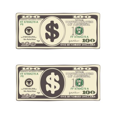 Bill bir yüz dolar üzerinde beyaz izole düz stil kümesi. 