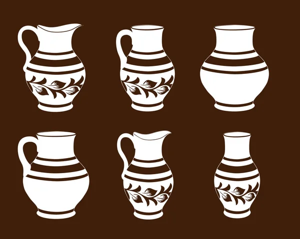 Uppsättning av keramiskt porslin i bruna och vita färger, samling kannor, rustik keramik köksredskap. — Stock vektor
