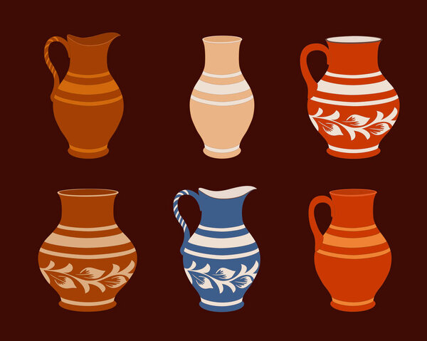 Set of ceramic crockery, collection jugs in different variation.