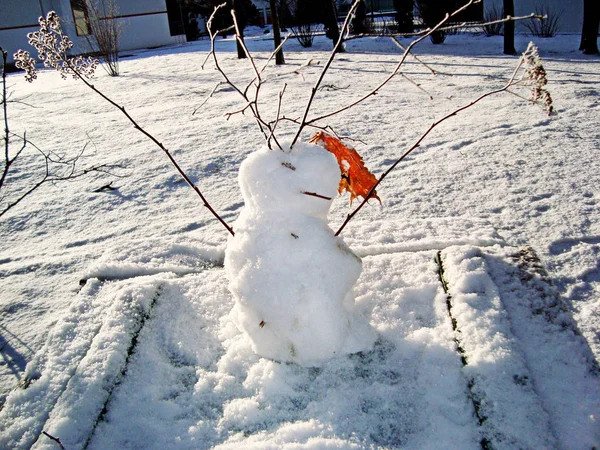 Funny decorated with dry twigs snowman. — Stock Photo, Image