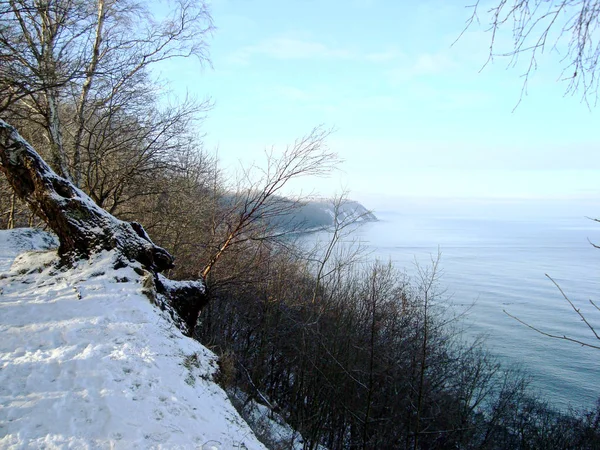 Берег Балтийского моря зимой, крутой спуск к воде на фоне голубого неба . — стоковое фото