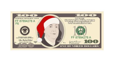 Tasarım şablonu 100 dolarlık banknot Santa kırmızı şapka ile. 