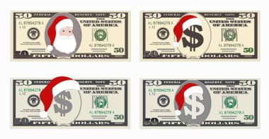 Tasarım şablonu 50 doları banknot Noel Baba ve kırmızı şapka ile. 