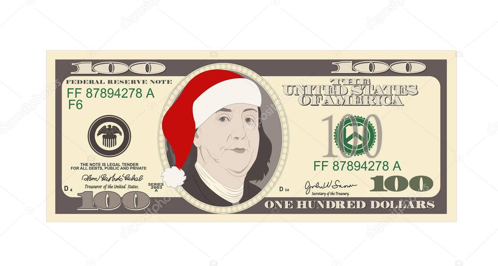 Design template 100 Dollars Banknote with Santa red hat. 