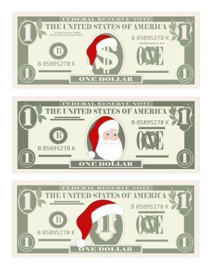 Tasarım şablonu bir dolarlık banknot Noel Baba ve kırmızı şapka ile.