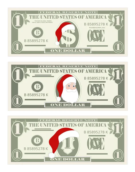 Plantilla de diseño Billetes de un dólar con Santa Claus y sombrero rojo . — Vector de stock