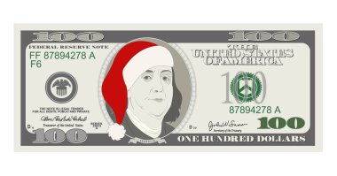 Tasarım şablonu 100 dolarlık banknot Santa kırmızı şapka ile. Noel satış için yüz dolarlık banknot. Amerikan Başkanı Benjamin Franklin. İndirim kartı, kupon, el ilanı, fişler için uygundur..