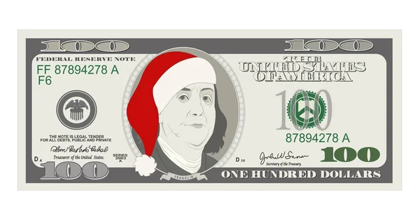 Дизайн Шаблон Банкноты 100 Долларов Санта Красной Шляпой Сто Долларов — стоковый вектор