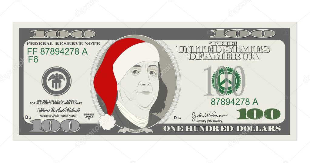 Design template 100 Dollars Banknote with Santa red hat. One hundred dollar bill for Christmas sales. American president Benjamin Franklin. Suitable for discount cards, coupon, flyer, vouchers.