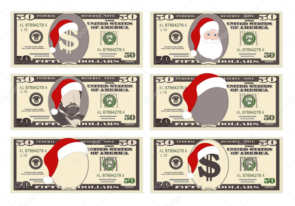 Design template 50 Dollars Banknote with Santa Claus and red hat. Fifty dollar bill for Christmas sales. President Grant. Suitable for discount cards, leaflet, coupon, flyer, vouchers. Isolated.