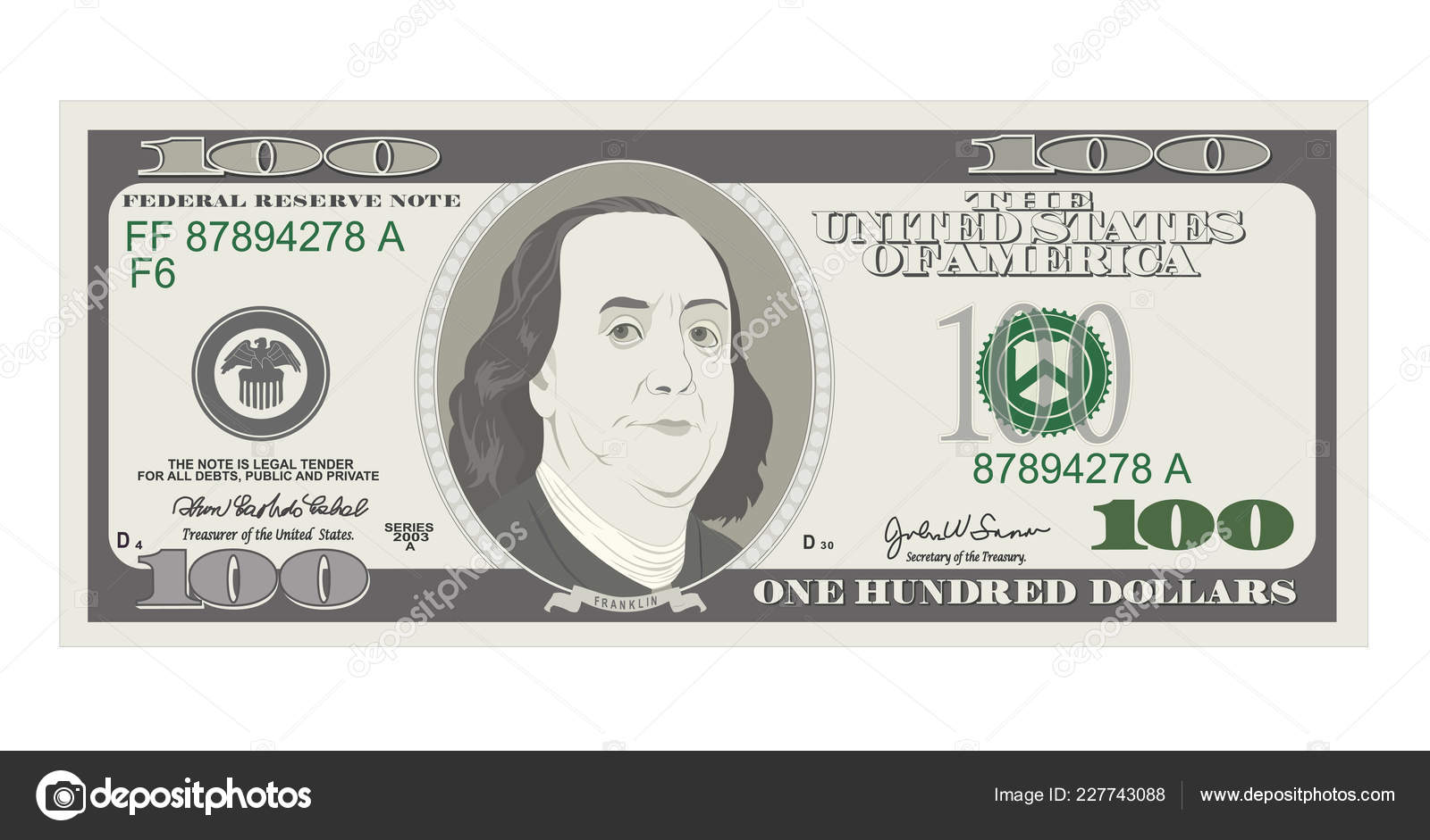 100美元钞票比尔一百美元适用于优惠卡优惠券优惠券Usa 银行货币扁平的样式美国总统本杰明富兰克林图库矢量图©Yulu 227743088