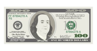 100 dolarlık banknot. Bill yüz dolar. İndirim kartı, kupon, el ilanı, fişler için uygundur. ABD bankacılık para birimi. Vektör, düz stil. Amerikan Başkanı Benjamin Franklin.