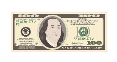 100 dolarlık banknot. Bill yüz dolar. İndirim kartı, kupon, el ilanı, fişler için uygundur. ABD bankacılık para birimi. Vektör, düz stil. Amerikan Başkanı Benjamin Franklin.