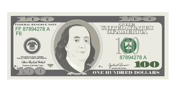 100 dolarlık banknot. Bill yüz dolar. İndirim kartı, kupon, el ilanı, fişler için uygundur. ABD bankacılık para birimi. Vektör, düz stil. Amerikan Başkanı Benjamin Franklin.