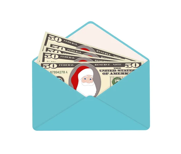 比尔和圣诞老人在一起一百美元 100美元钞票在开放的蓝色信封查出在白色背景 扁平风格的圣诞矢量 — 图库矢量图片
