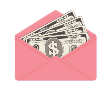 ABD para birimi cinsinden açık pembe zarf bankacılık. Yüz dolar faturaları hediye olarak, yakın çekim. Zarf, rüşvet ve yolsuzluk rüşvet. Vektör çizim. Doları banknot olarak mevcut, maaş.