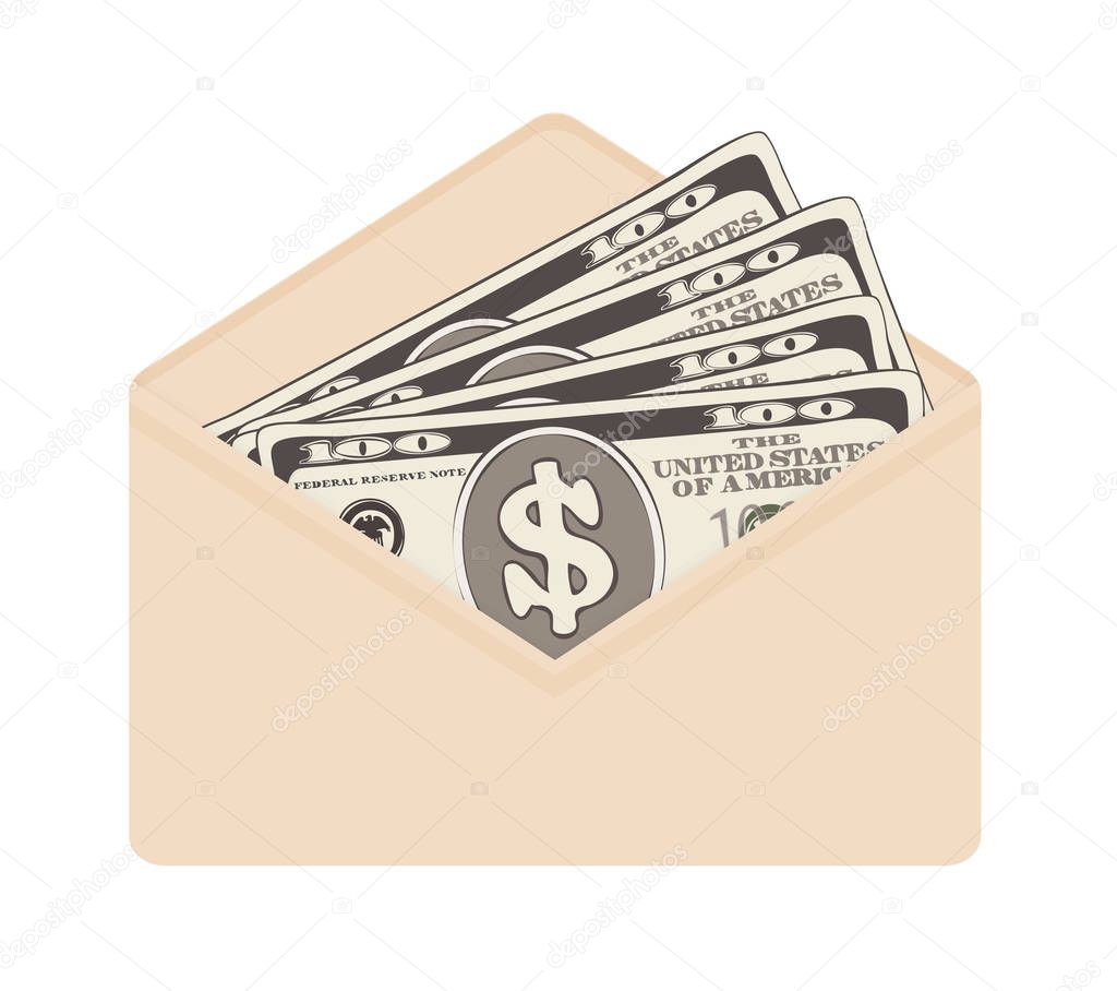 USA banking currency in open beige envelope. One hundred dollar bills as gift, close-up. Bribe in envelope, bribery and corruption. Vector illustration. Dollar banknotes as present, salary.