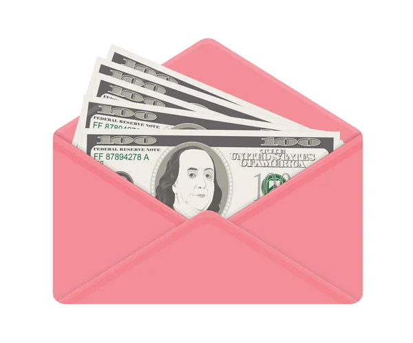美国银行货币在开放的粉红色信封 100美元的钞票作为礼物 贿赂和腐败 矢量插图 美元钞票作为礼物 — 图库矢量图片
