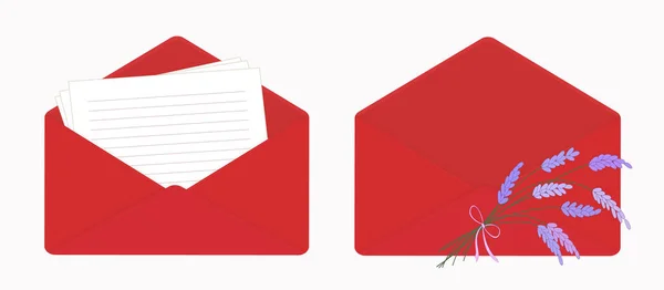 Письмо Открытом Красном Конверте Чистые Листы Бумаги Пустой Конверт Букетом — стоковый вектор