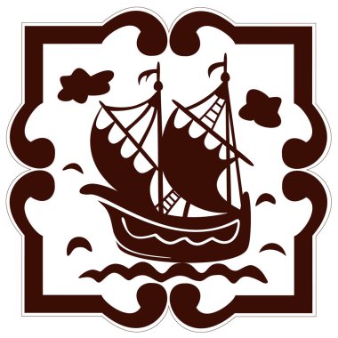 Vintage geleneksel seramik mozaik dalgalar üzerinde yüzen Yelkenli ile Hollanda tarzı gemisiyle taşıyla fayans tarzı.