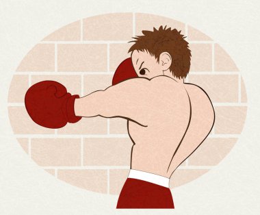 Gürültü ve doku, mermer dokulu arka plan ile vektör bir tuğla duvara kırmızı şortlu genç boksör eğitimli.