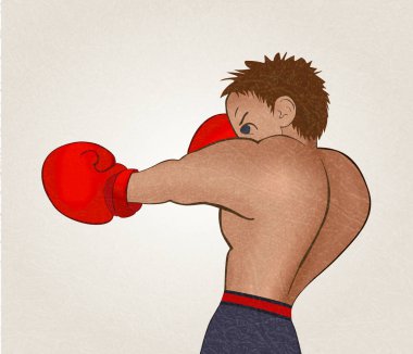 Açık renkli, gürültü ve doku, mermer dokulu arka plan ile vektör mavi şortlu genç boksör eğitim.