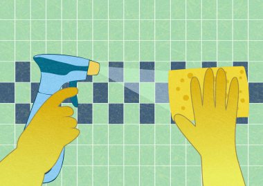 Bahar temizliği, ellerinde eldiven sprey ve sünger ile yıkama duvar karoları, gürültü ve doku ile düz vektör.