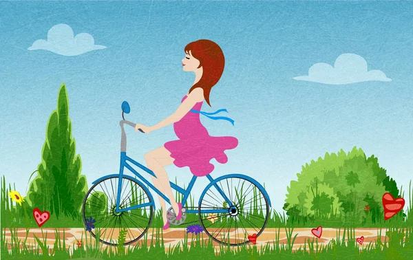 Těhotná mladá žena jízdní kolo na jaře kvetoucí pole, vektor s hlukem a textury. — Stockový vektor