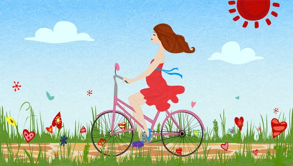 Těhotná dívka v červených šatech jízdní kolo na jaře kvetoucí pole, vektor s hlukem a textury. — Stockový vektor