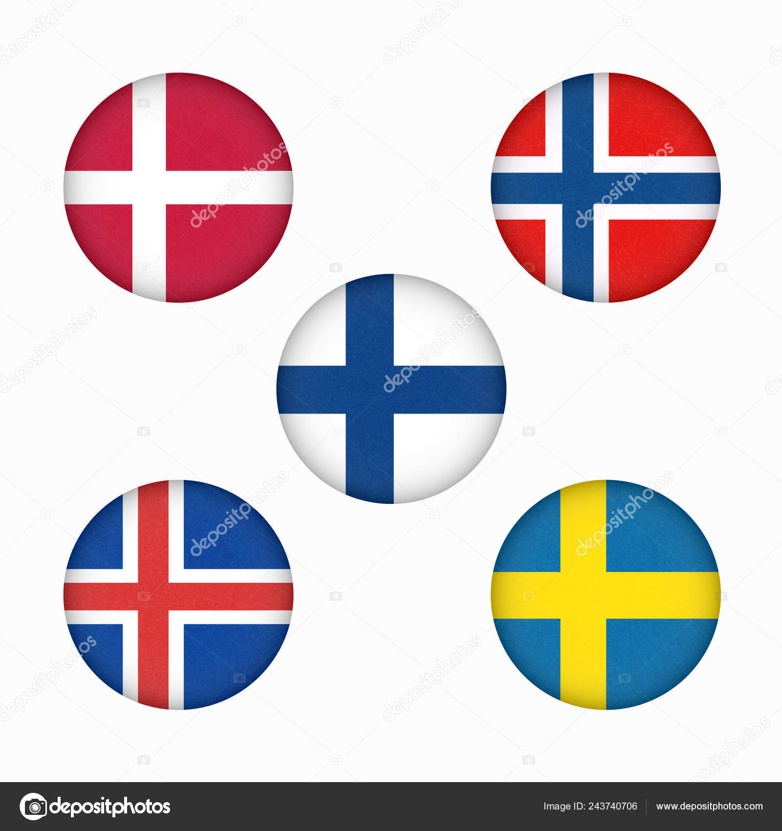 Bandeiras da Escandinávia em forma de círculo, estados do norte escandinavos,  países nórdicos banners ícones . fotos, imagens de © Yulu #243740706