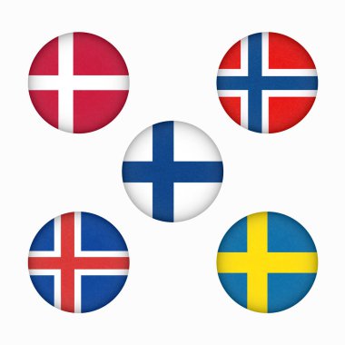 Scandinavia bayraklar daire şekli, İskandinav kuzey eyaletleri, Kuzey ülkeleri simgeler afiş. 