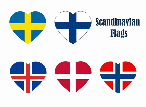Lijst van vlaggen van Scandinavië in hart vorm, Scandinavische noordelijke staten, Noordse landen banners pictogrammen. — Stockfoto