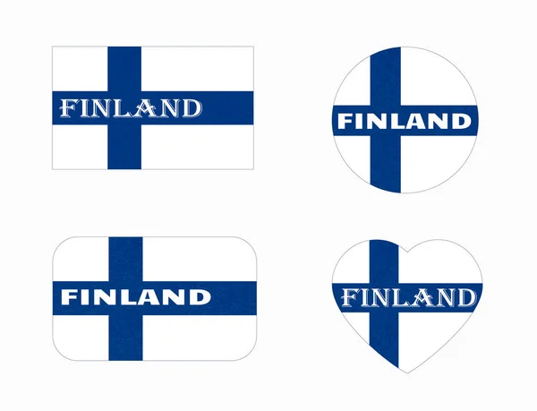 Vlajka Finska v různých tvarech, skandinávské země Severní, izolované finský nápis s texturou, poškrábaný, grunge. — Stock fotografie