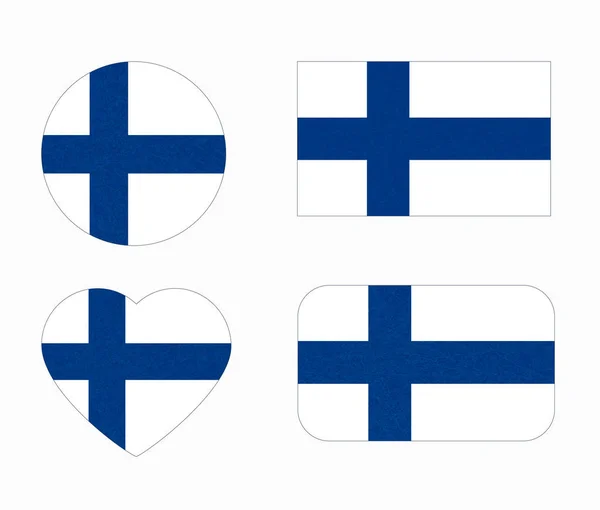 Flagga Finland i olika former, skandinaviska norra land, isolerade finska banner med repiga textur, grunge. — Stockfoto