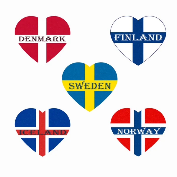 Banderas de Escandinavia en forma de corazón, estados escandinavos del norte, países nórdicos banderas iconos . — Foto de Stock