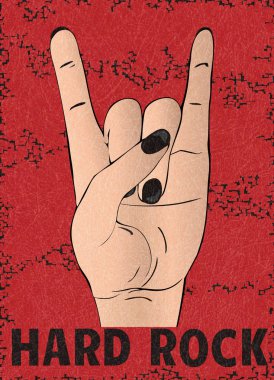Hard rock el hareketi, boynuz, çizik doku, kırmızı zemin üzerine izole grunge. 