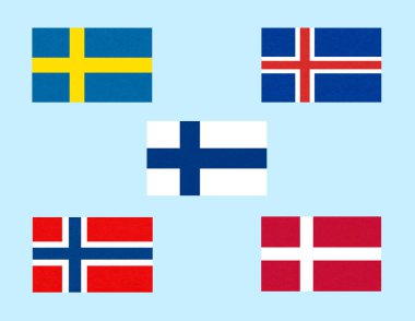 Bayraklar Scandinavia, İskandinav kuzey eyaletleri, Kuzey ülkeleri simgeler afiş.